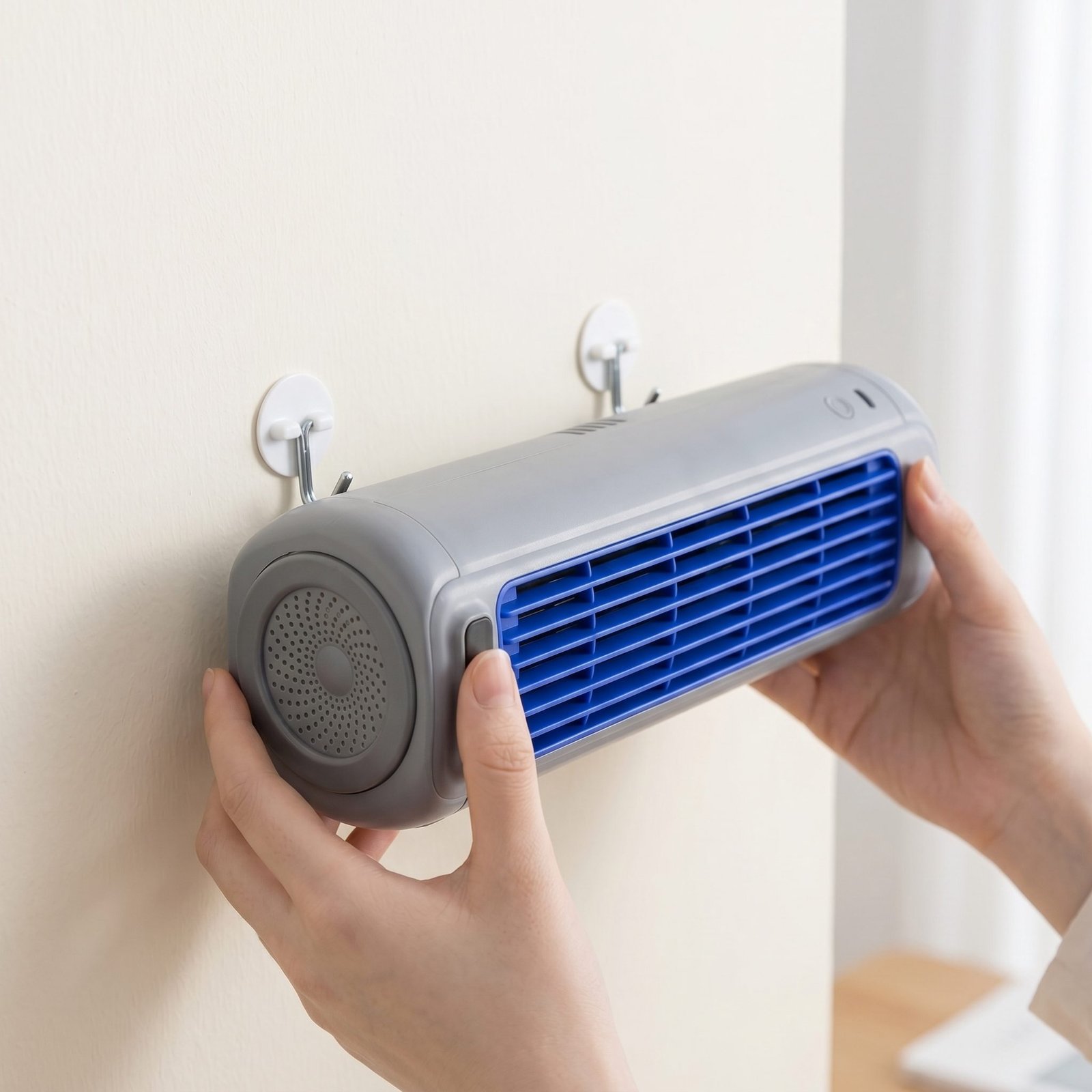 Place Vital Cooling Breeze on a desk or hang it on the wall with the included hooks